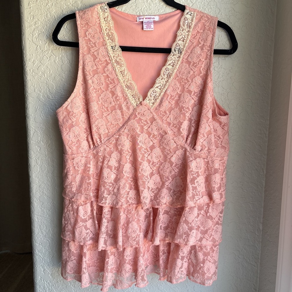 Women 2X Y2K Vintage Babydoll Tank Top Peach Sleeveless V-Neck Ruffle Coquette